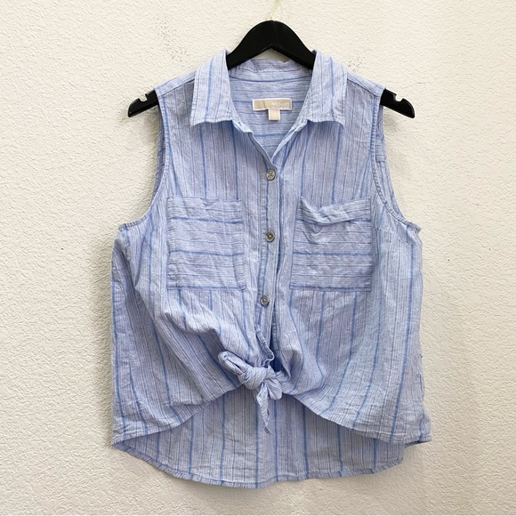 MICHAEL KORS Blue Striped Chambray Front Tie Linen Blend Sleeveless Top Size XL - Picture 5 of 12